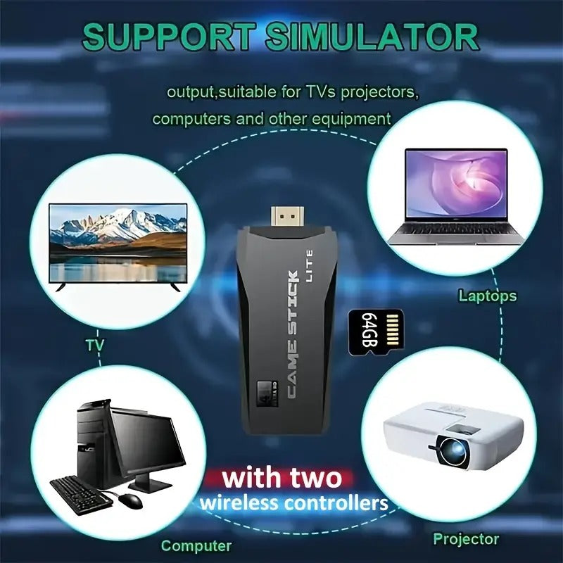 M8 Portable Mini Gamepad, Plug & Play, with 2 Wireless Controllers and a 64G Micro SD Card, HDTV Game Console