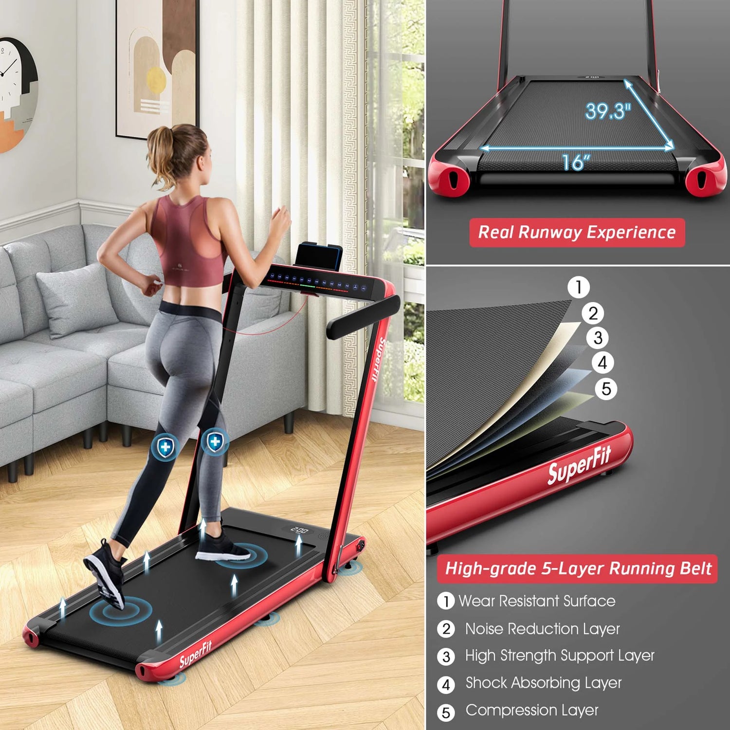 Superfit up to 7.5MPH 2.25HP 2 in 1 Dual Display Screen Treadmill Jogging Machine W/APP Control Red