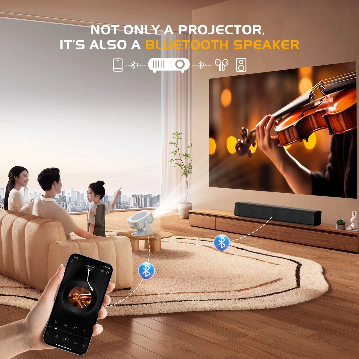 [Built-In Apps]  Projector 4K with Wifi and Bluetooth, 16000L Movie Projector with [Electric Focus and Auto Keystone], 270° Rotatable Portable Outdoor Projector for HDMI, USB, Phone