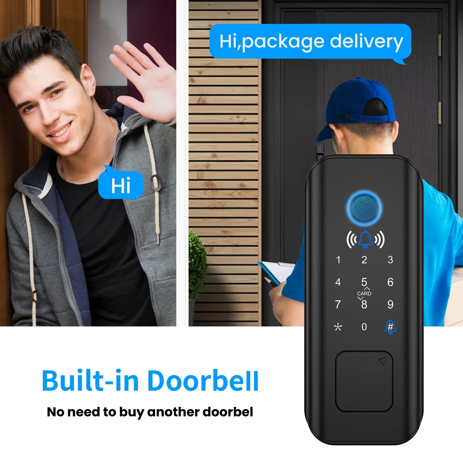 Security Smart Lock Fingerprint Door Latch Keyless Entry Wi-Fi Door Lock Wireless Electronic Deadbolt with Touchscreen Keypad Doorbell Key IC Card App Control IP65 Waterproof Matte Black