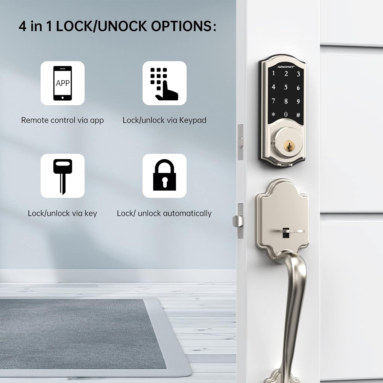 SMONET Bluetooth Smart Lock Electronic Digital Smart Deadbolt, Keyless Entry Door Lock with Keypads, Gateway Hub Included, Compatible with Alexa,App,Code for Home Apartment Front Door, Silver
