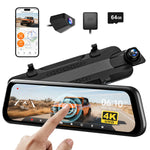 10" Touch Screen Dash Cam Front and Rear, 4K+1080P Rear View Mirror Backup Car Camera with Night Vision, GPS, Free 64GB Card
