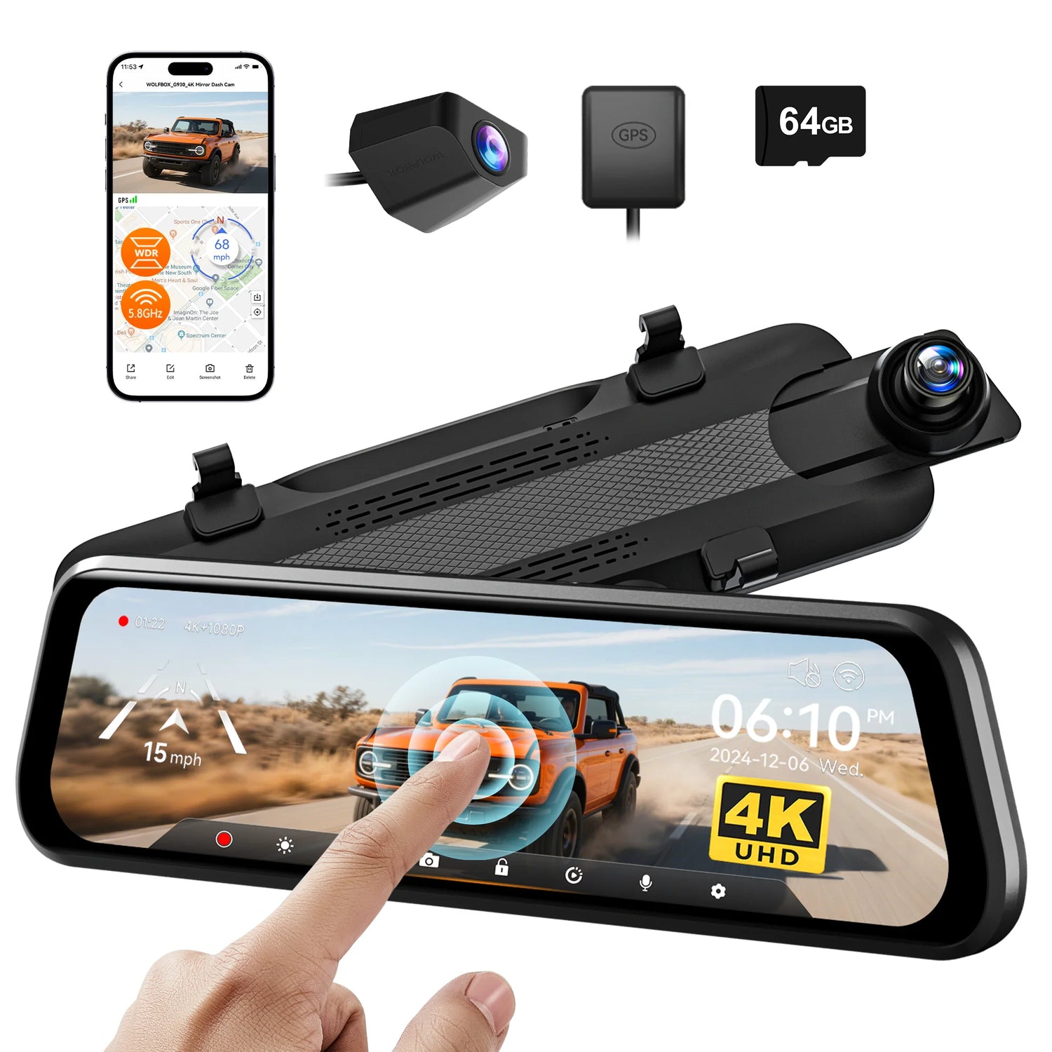 10" Touch Screen Dash Cam Front and Rear, 4K+1080P Rear View Mirror Backup Car Camera with Night Vision, GPS, Free 64GB Card