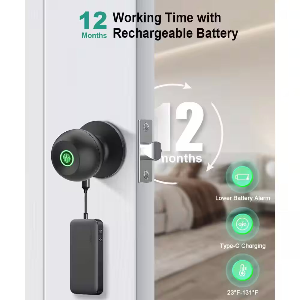 Smart Biometric Fingerprint Door Knob in Black