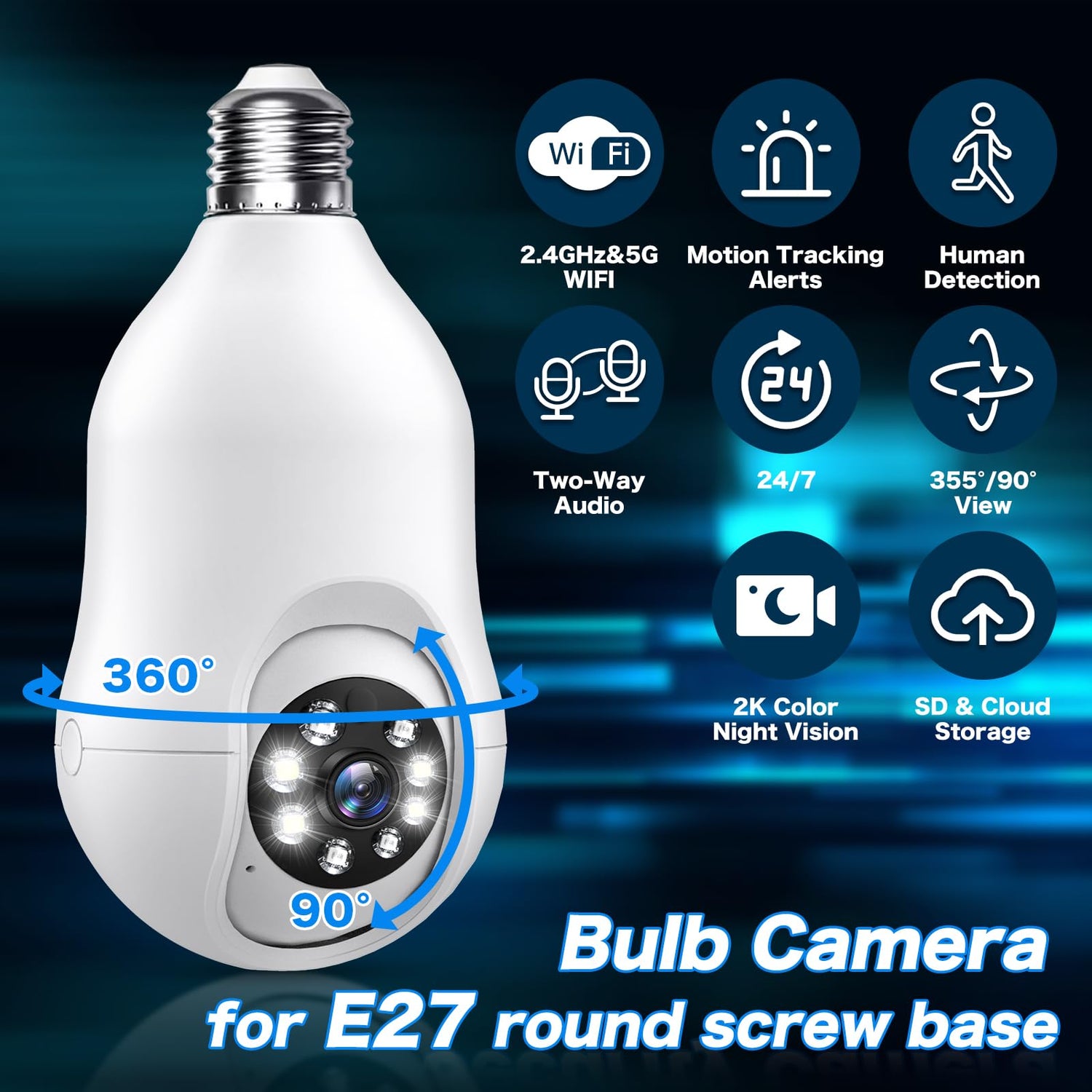 Light Bulb Security Camera for Home, 5G/2.4Ghz Wifi Lightbulb Camera Outdoor, 2K Eagle Eye Camera, 360 Degree Surveillance Motion Sensor, Color Night Vision, 2 Way Talk