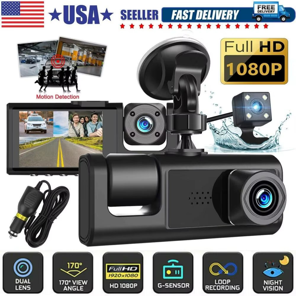 Car Dual Lens Dash Cam HD 1080P Front/Rear/Inside Video Recorder Camera G-Sensor
