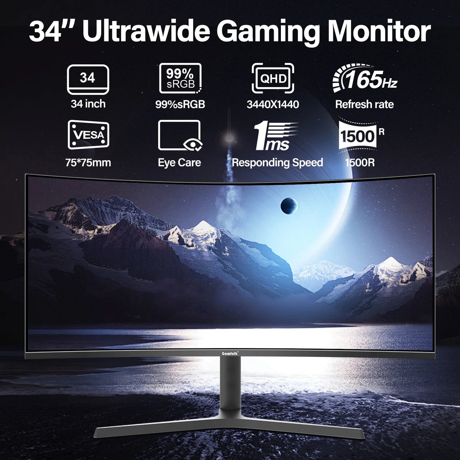 34 Inch Curved Gaming Monitor 165Hz Ultrawide, WQHD 3440X1440, Screen PC Computer, 1500R,21:9