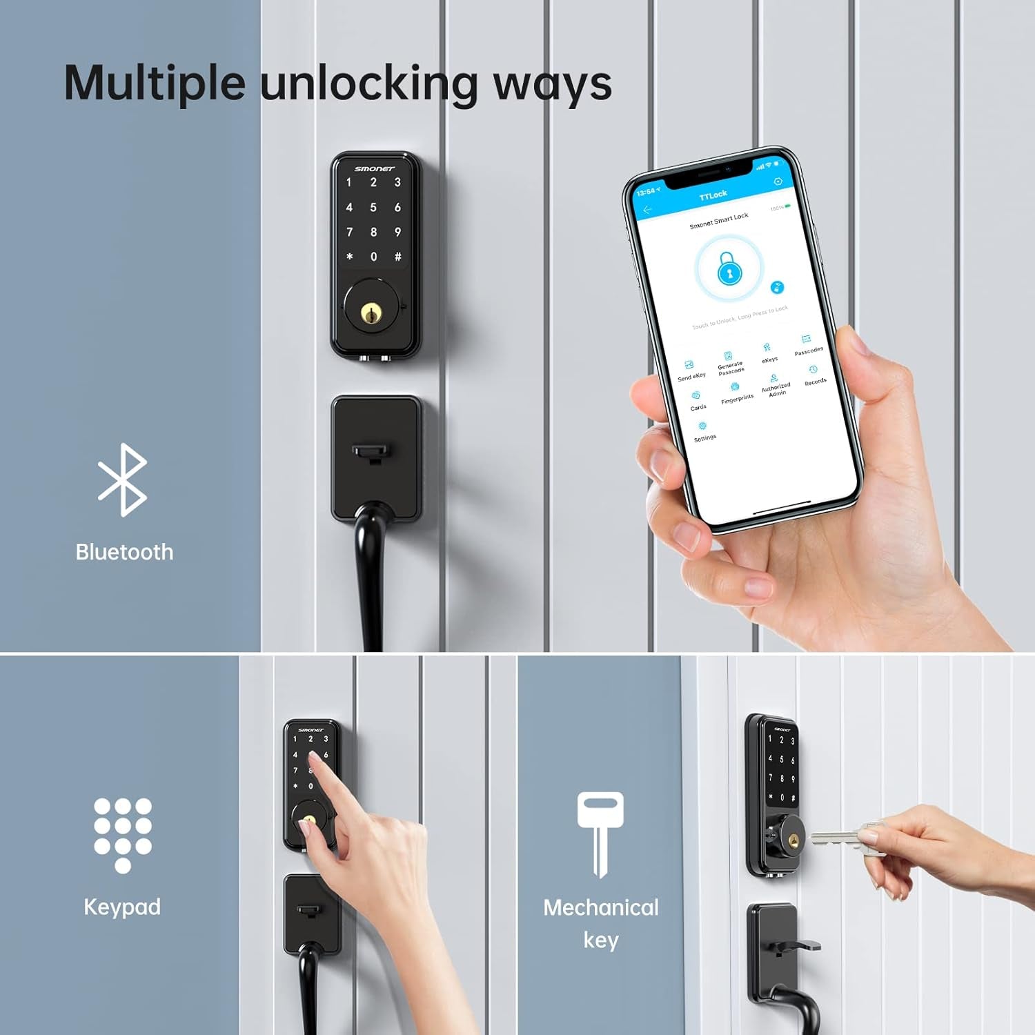 SMONET Smart Door Lock, Keypad Deadbolt with Wifi Bridge, Bluetooth Touchscreen, Alexa Compatible, Black