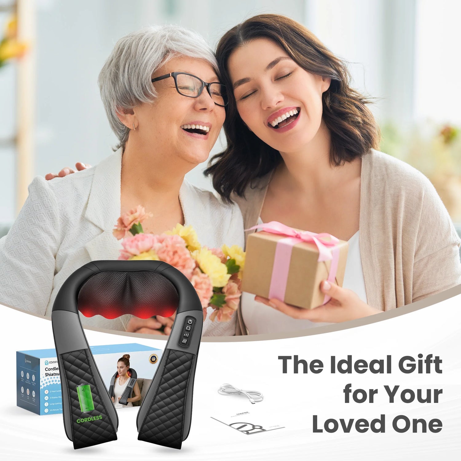 Cordless Neck Back Massager with Heat, 4D Shiatsu Shoulder Massager for Pain Relief, Gifts for Mom Dad