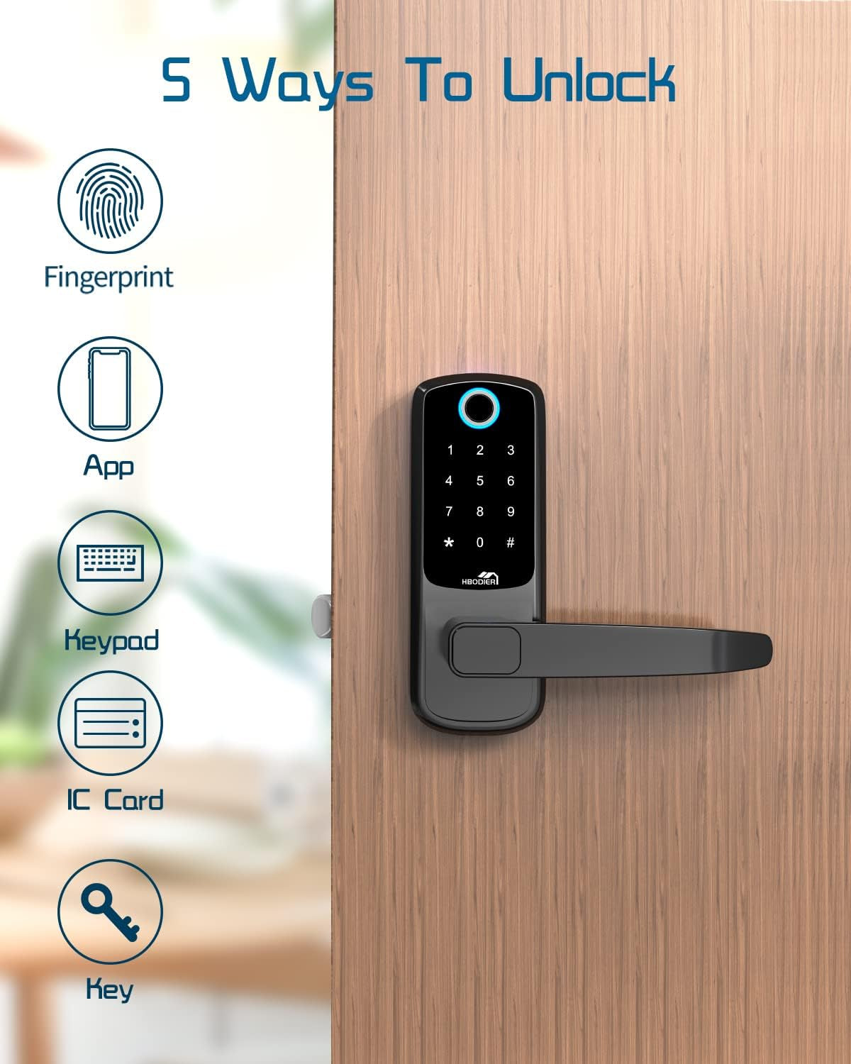 Hbodier 5-In-1 Smart Door Lock - Keyless Entry with Fingerprint, App, IC Cards, Passcode, and Keys - Black