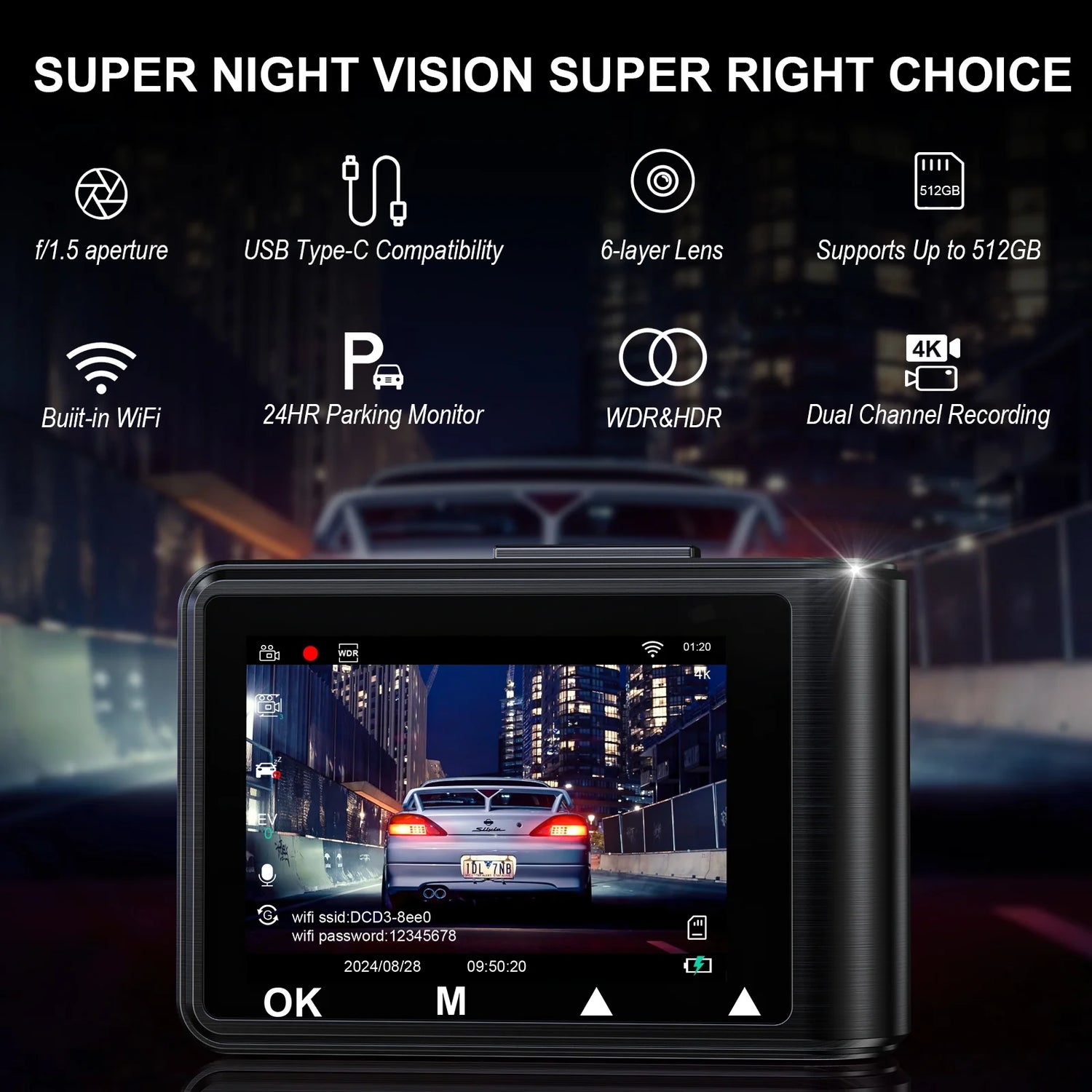 Dash Cam Front and Rear, 4K+1080P Car Camera with Built-In Wi-Fi, 3.94" IPS Screen, Free 32GB Card, Night Vision, G-Sensor, Loop Recording, 24H Parking Mode