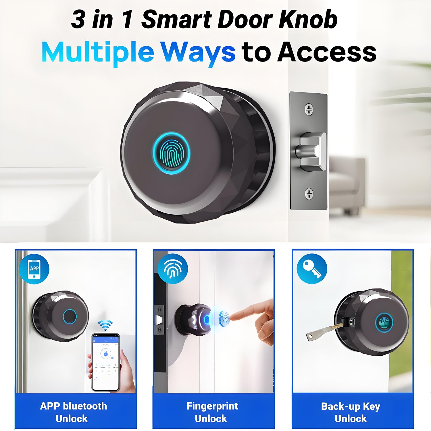 Smart Door Knob, Keyless Smart Door Lock Smart Deadbolt with App Control & Fingerprint & 2 Keys,Electronic Door Lock for Home, Apartment, Office,Bronze