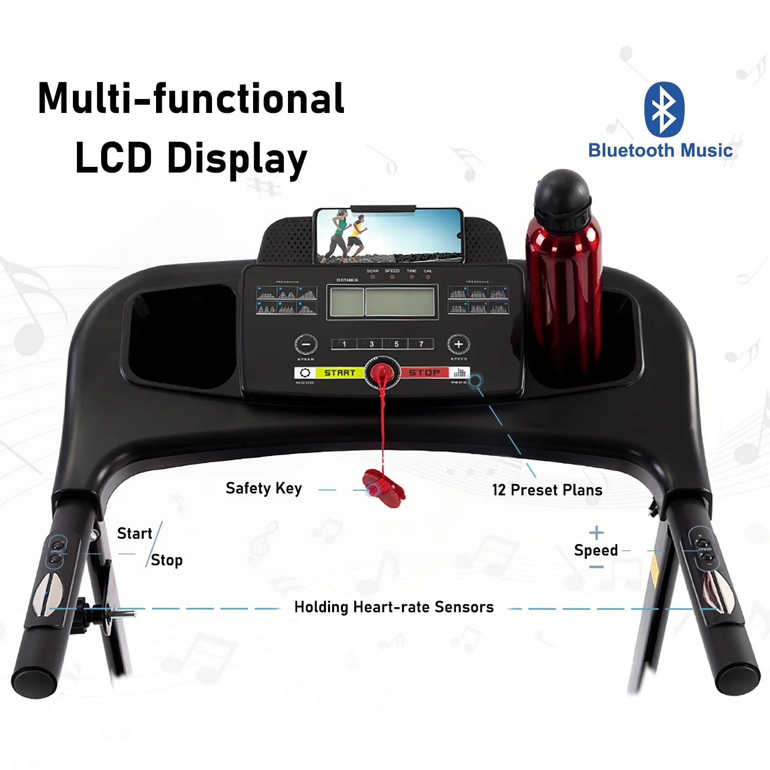 Incline Treadmill 2.5HP Electric Treadmill for Home Foldable, Bluetooth Music Cup Holder Heart Rate Sensor Walking Running Machine for Indoor Home Gym Exercise Fitness