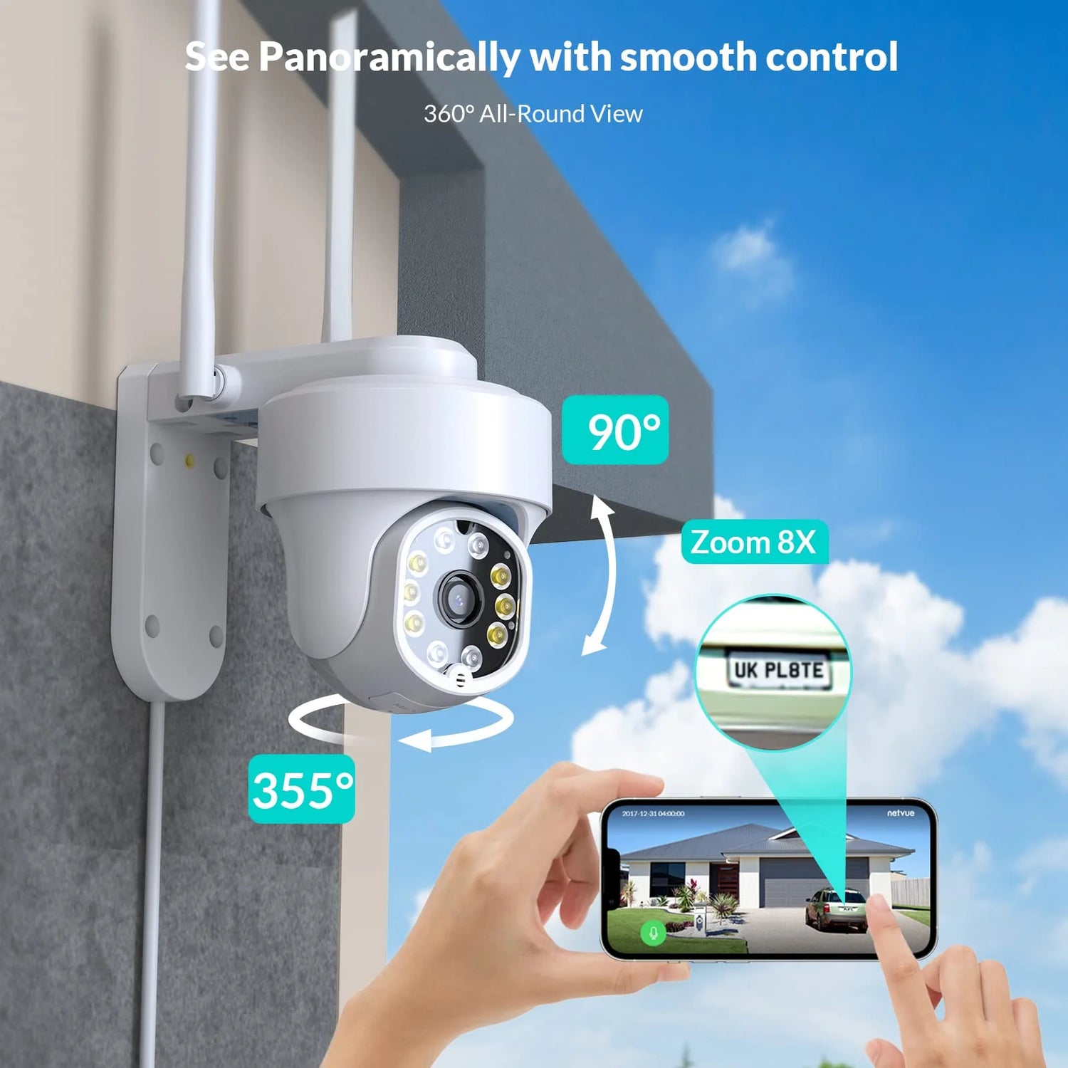 Security Cameras Wireless Wi-Fi,  360° View Home Surveillance Outdoor Cameras, Only 2.4G Wifi