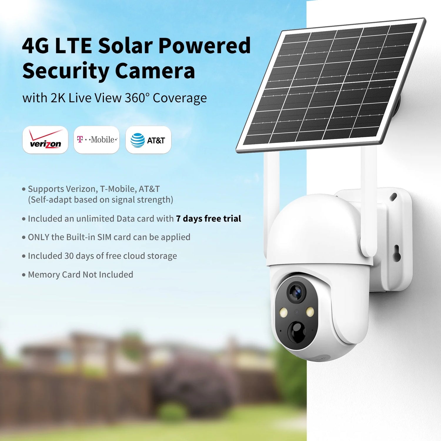 4G LTE Cellular Solar Security Camera, Wireless Outdoor PTZ 360° Home Farm Surveillance, 2K Color Night Vision, PIR Motion, Two-Way Audio, Waterproof