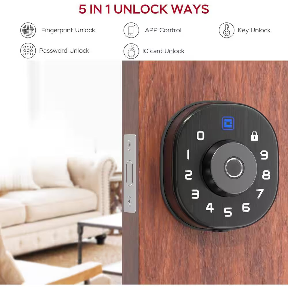 5-In-1 Aluminum Smart Lock Deadbolt, Biometric, Keypad, IC Card & App Control, IP65 Weatherproof in Black