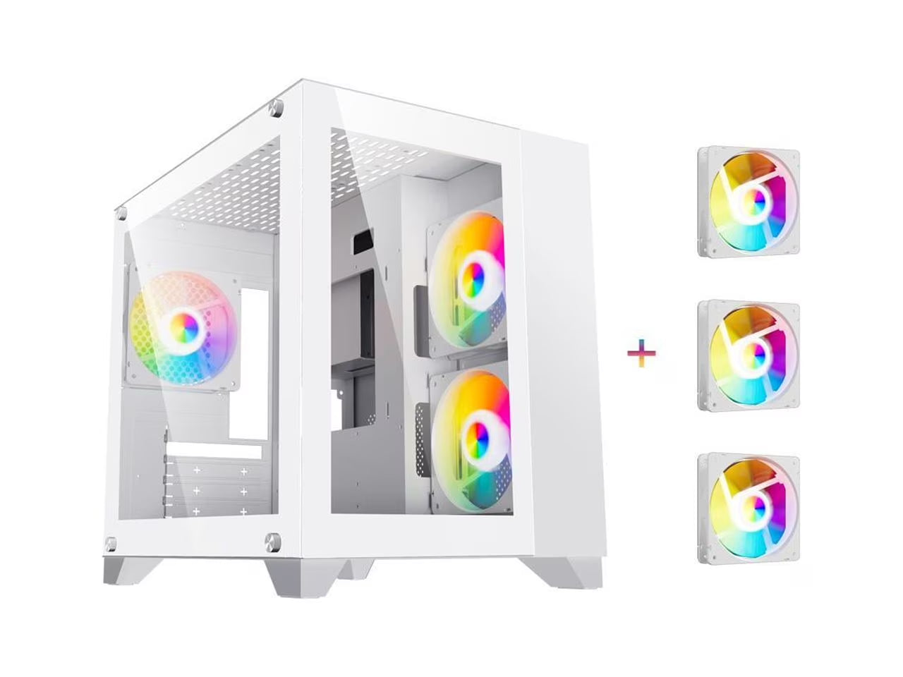 Argb-Q3.V2-W White USB3.0 Tempered Glass Micro ATX Gaming Computer Case W/ Dual Tempered Glass Panel and 3 X ARGB LED Fans (Pre-Installed)