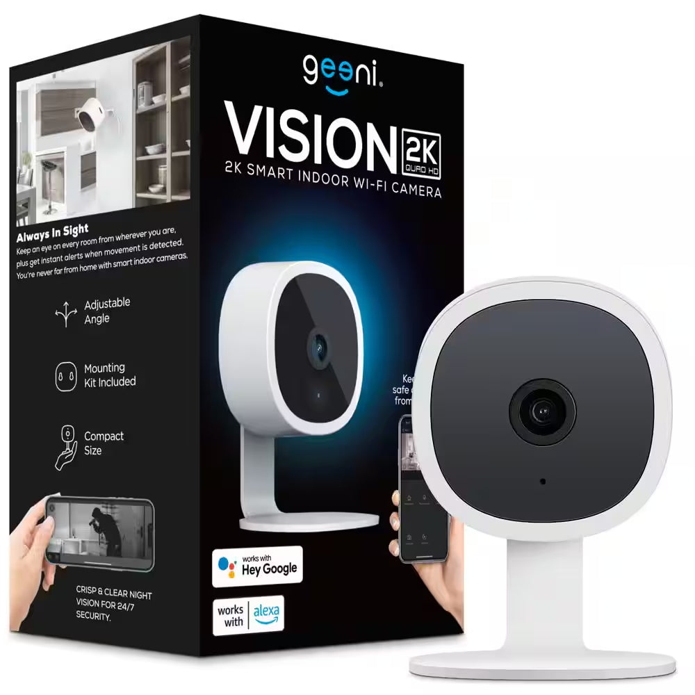 Vision 2K Wired Plug-In Indoor Smart Security Camera, Flexible Stem, Night Vision, Two-Way Talk, Live View, White