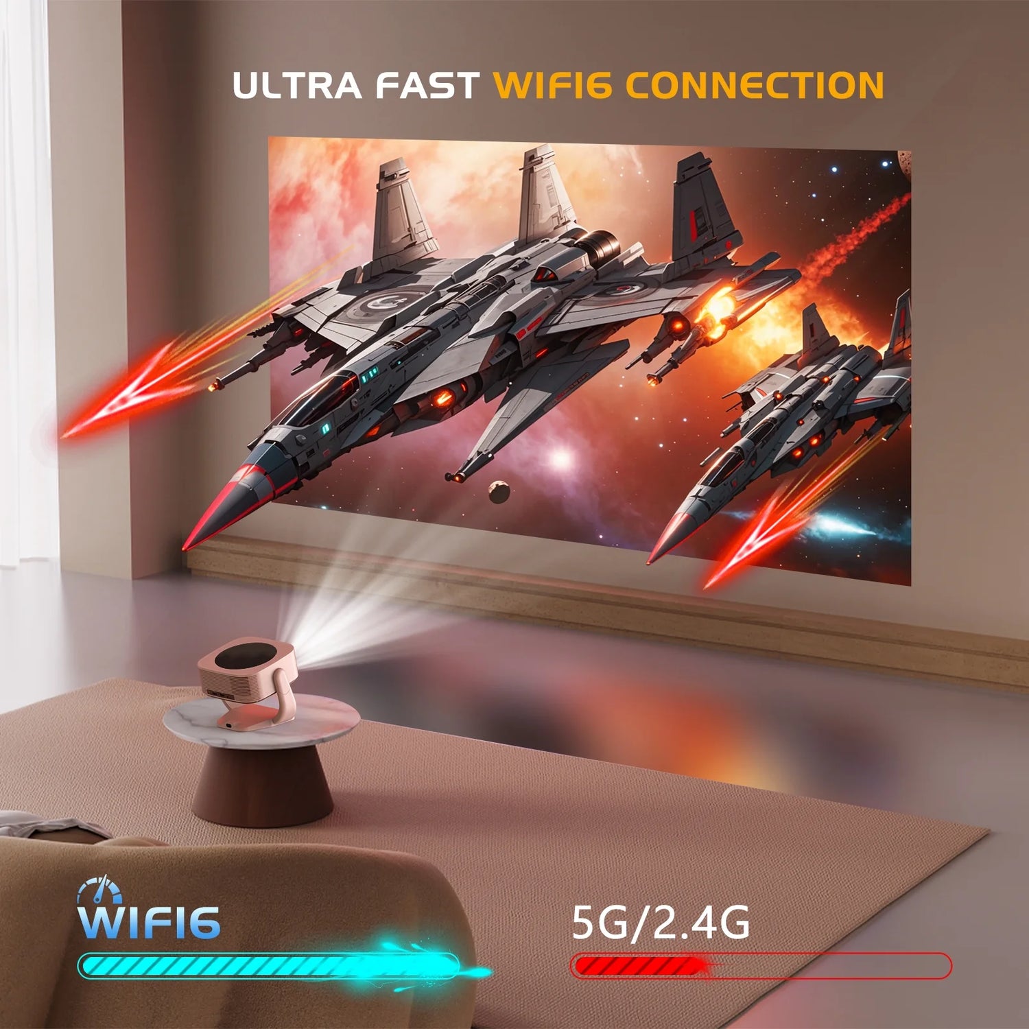 [Built-In Apps]  Projector 4K with Wifi and Bluetooth, 16000L Movie Projector with [Electric Focus and Auto Keystone], 270° Rotatable Portable Outdoor Projector for HDMI, USB, Phone