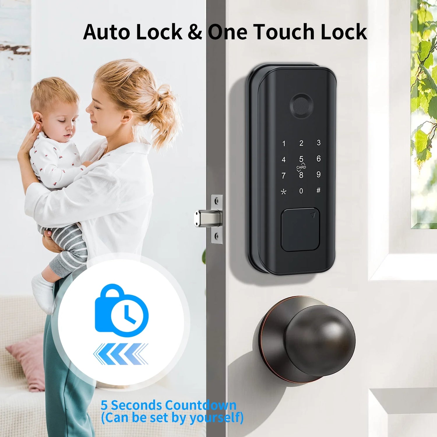 Security Smart Lock Fingerprint Door Latch Keyless Entry Wi-Fi Door Lock Wireless Electronic Deadbolt with Touchscreen Keypad Doorbell Key IC Card App Control IP65 Waterproof Matte Black