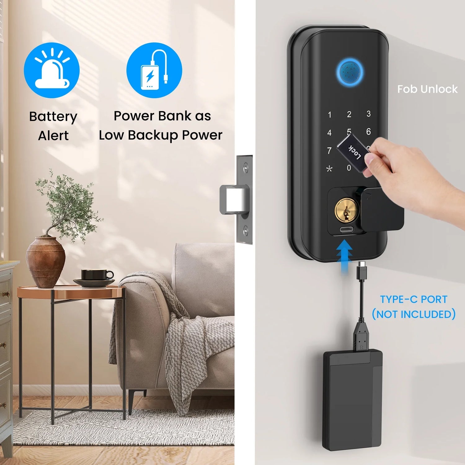 Security Smart Lock Fingerprint Door Latch Keyless Entry Wi-Fi Door Lock Wireless Electronic Deadbolt with Touchscreen Keypad Doorbell Key IC Card App Control IP65 Waterproof Matte Black
