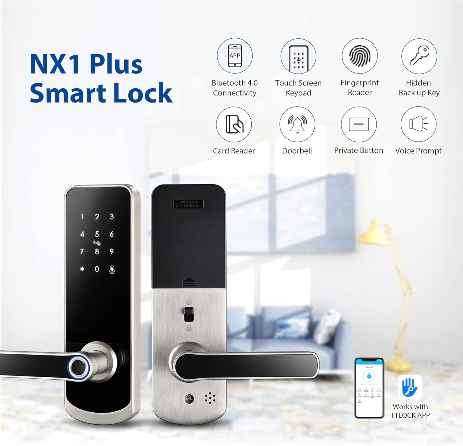 Smart Lock with Fingerprint Sensor, Keyless Entry, Wifi Connectivity, Silver