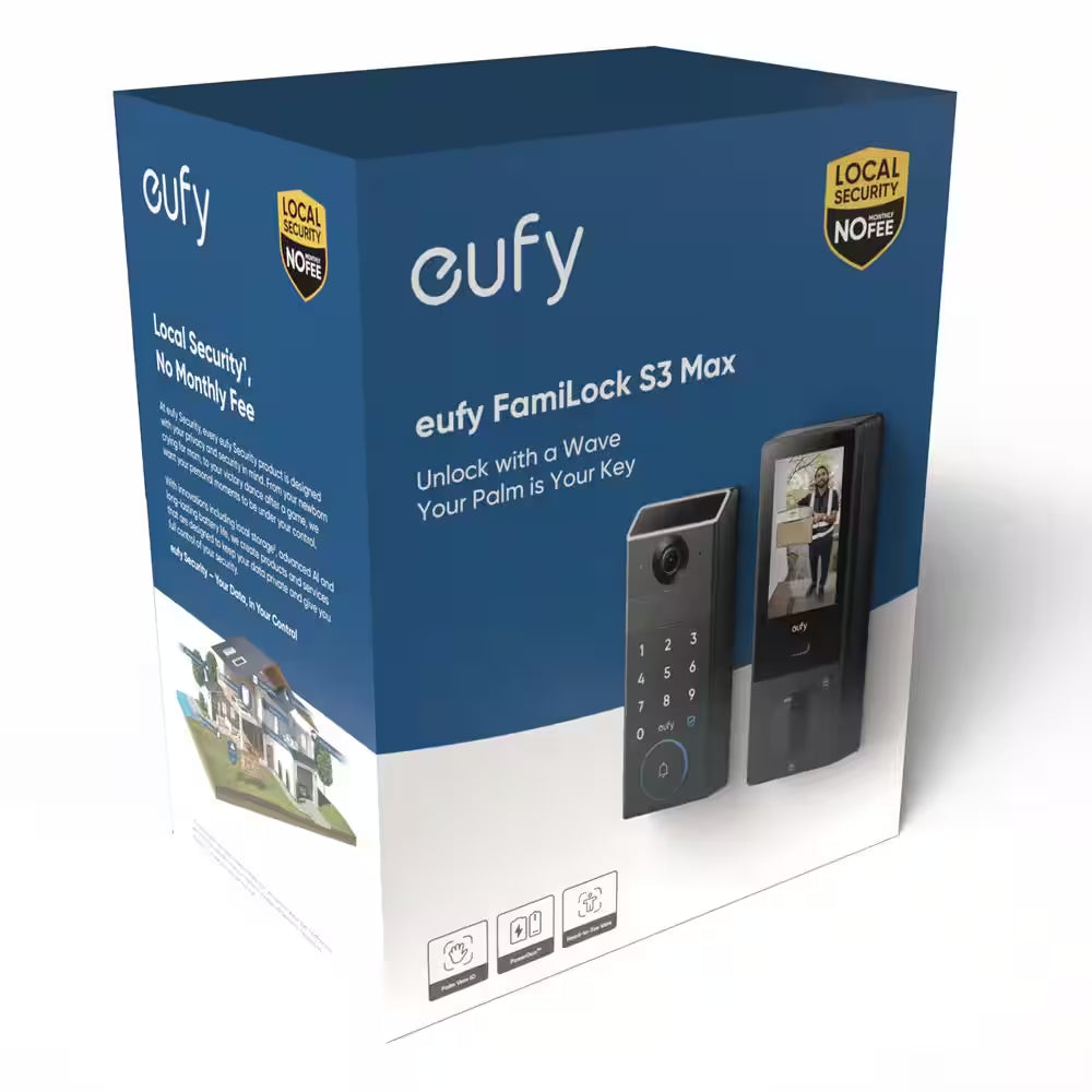 S3 Max Black Thumb-Turn Smart Lock Deadbolt with 2K Video Doorbell and Palm Scan (Compatible with Smart Devices)