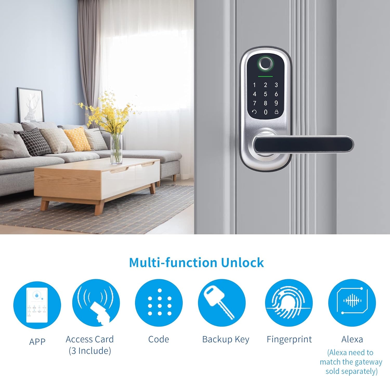 BEBASIA Keyless Entry Door Lock, Fingerprint & Smart Keypad, Digital Kepad Door Lock, Reversible Handle, Silver