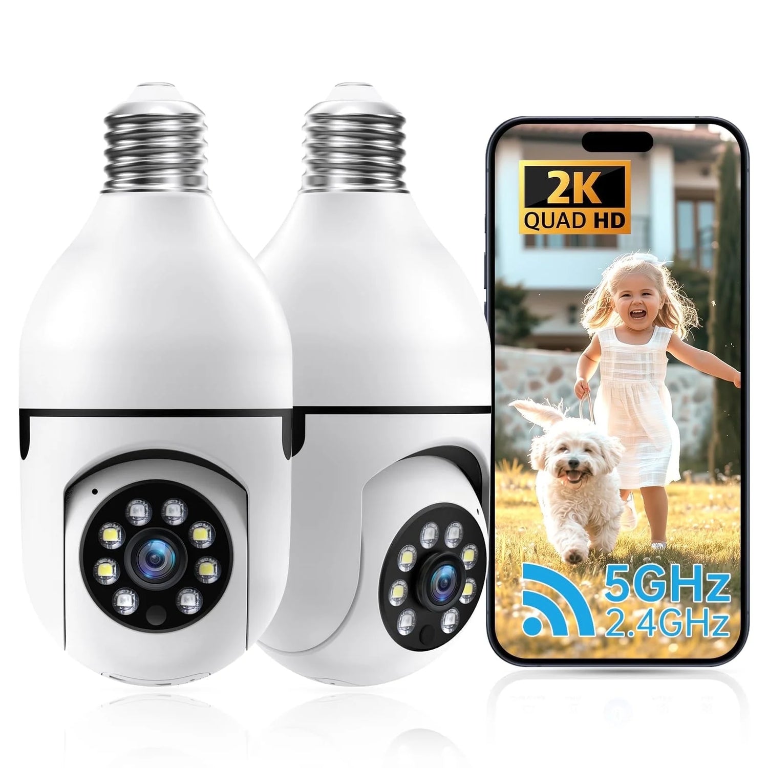 Light Bulb Security Camera -5G& 2.4Ghz Wifi 2K Security Cameras for Home, Wireless Outdoor Motion Detection and Alarm, Two-Way Talk, Color Night Vision, Human Detection