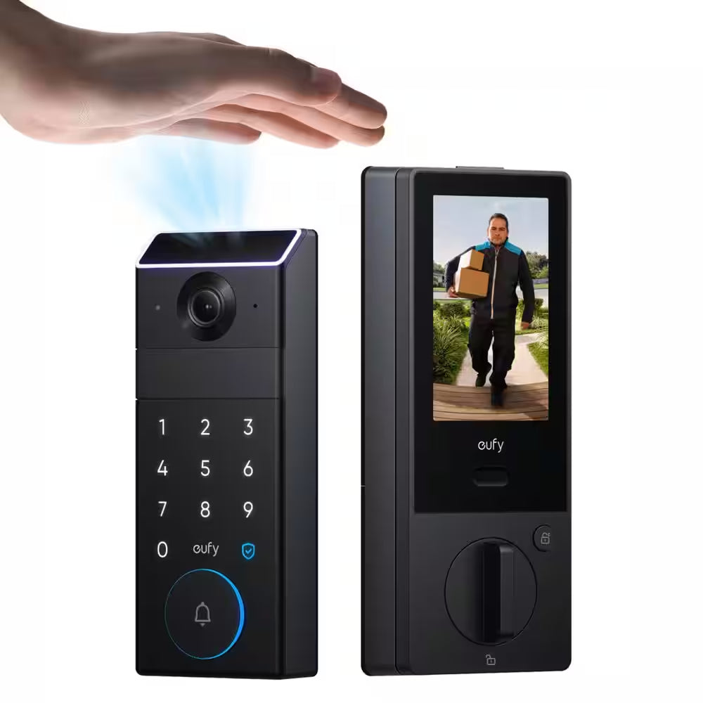 S3 Max Black Thumb-Turn Smart Lock Deadbolt with 2K Video Doorbell and Palm Scan (Compatible with Smart Devices)