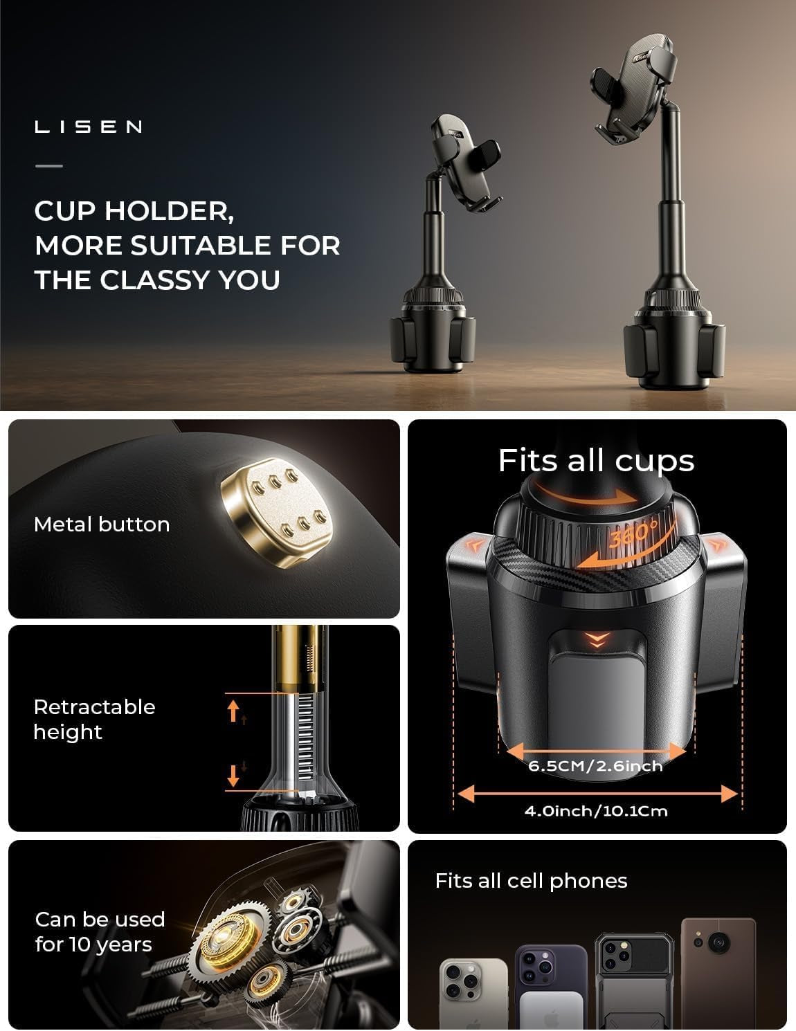 LISEN Cup Phone Holder [No Shaking] Phone Holder for Car, 360 Adjustable Iphone Holder for Car Accessories for Women Truck Jeep Golf for Iphone 17 Pro Max 16 15 14 13 Samsung S25 All 4-7'' Phone