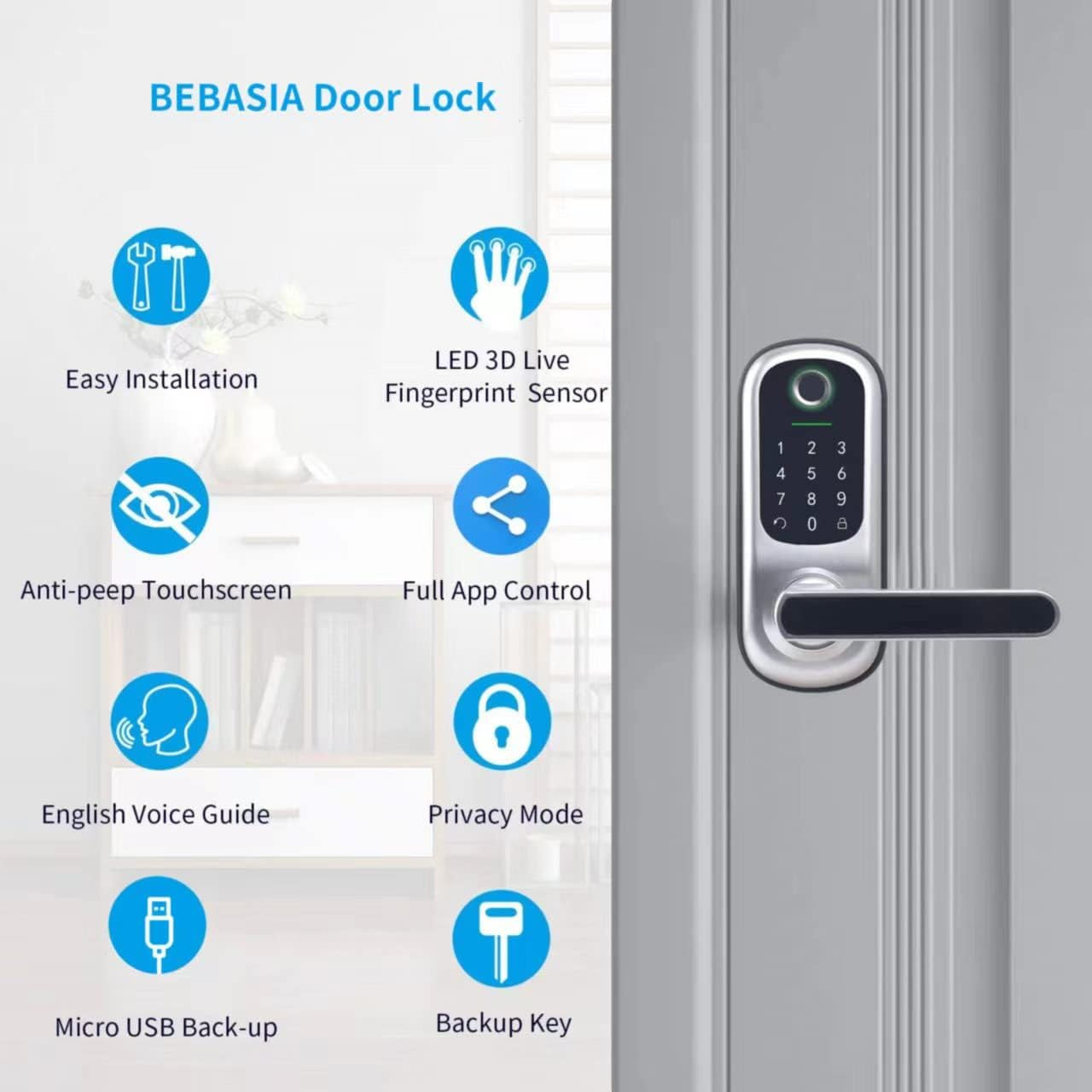 BEBASIA Keyless Entry Door Lock, Fingerprint & Smart Keypad, Digital Kepad Door Lock, Reversible Handle, Silver