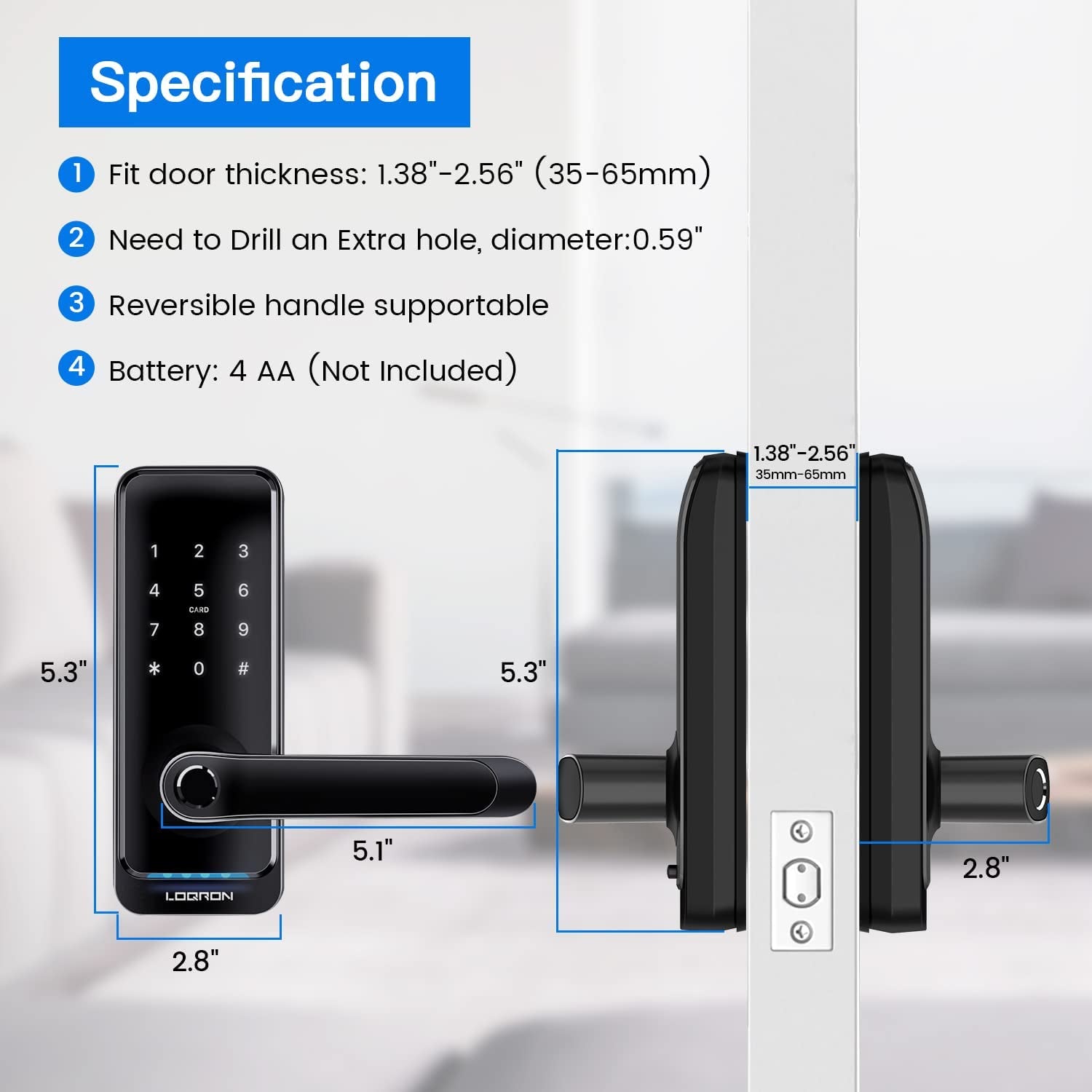 Keyless Entry Fingerprint Door Locks with Keypad, Smart App Control, Bluetooth, Wi-Fi, Black