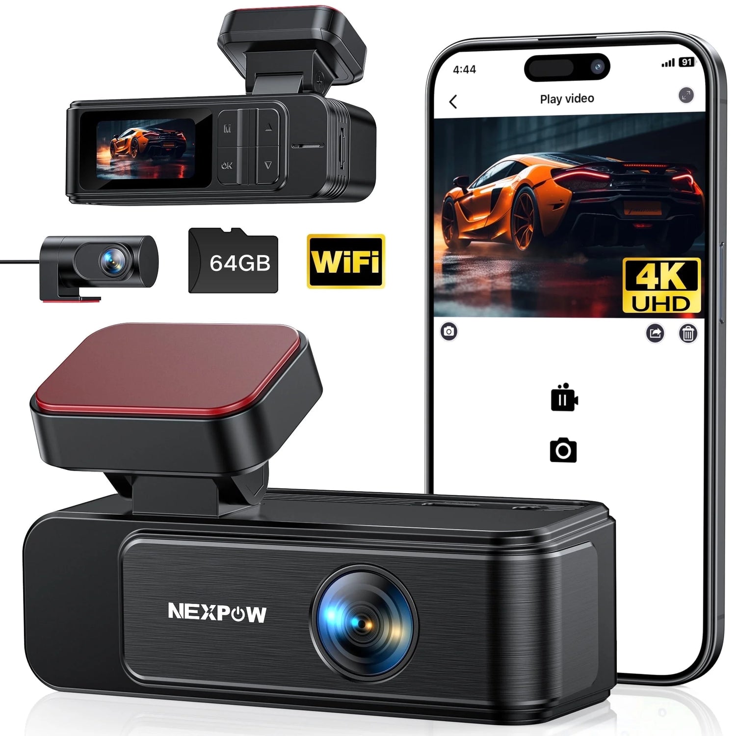 4K+2K Dash Cam,Front and Rear Dual Dash Camera for Cars with 64GB Card,Built-In Wifi,Night Vision,G-Sensor,Loop Recording