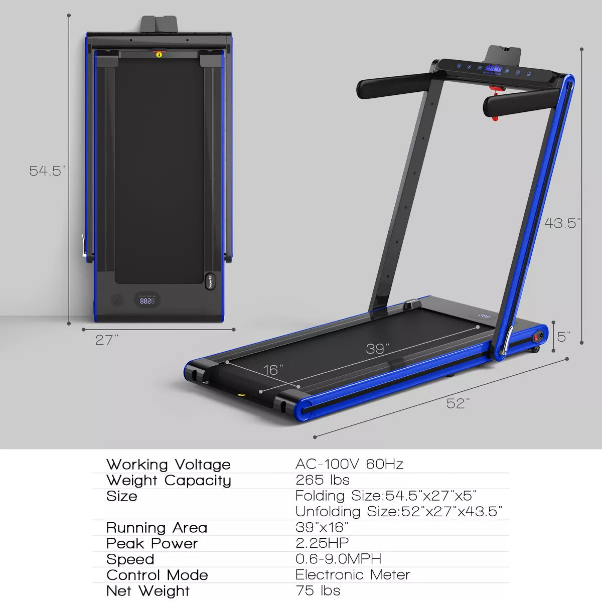 Costway 2-In-1 Folding Treadmill 2.25HP Jogging Machine W/ Dual LED Display Silver\Black\Blue