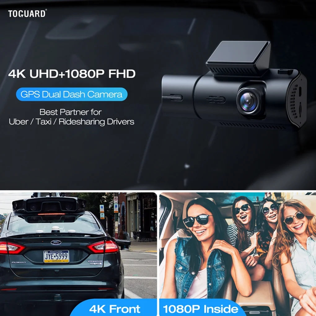 Front and inside Dual Dash Camera 4K Car Dash Cam with GPS 3.16" Display, 170° Wide Angle, IR Night Vision, Support 256GB Max, Black