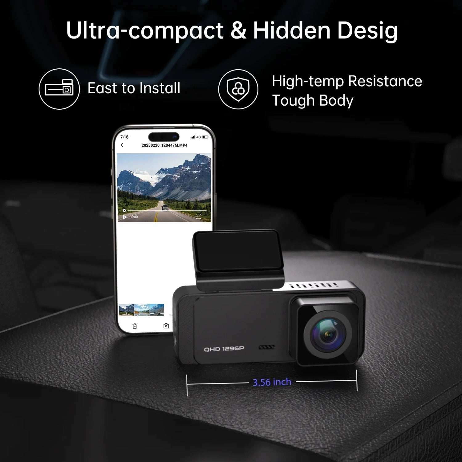 Dash Cam Front Wifi 1296P, Dash Camera for Cars,Dashcam with Night Vision, Car Camera with APP, Mini Dashcams with 24H Parking Mode, Loop Recording, WDR, Support 256GB Max,Black