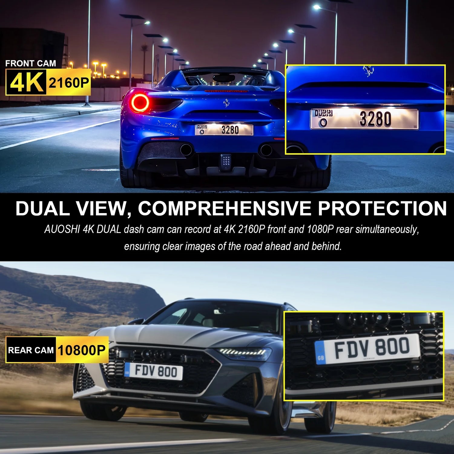 Dash Cam Front and Rear, 4K+1080P Car Camera with Built-In Wi-Fi, 3.94" IPS Screen, Free 32GB Card, Night Vision, G-Sensor, Loop Recording, 24H Parking Mode