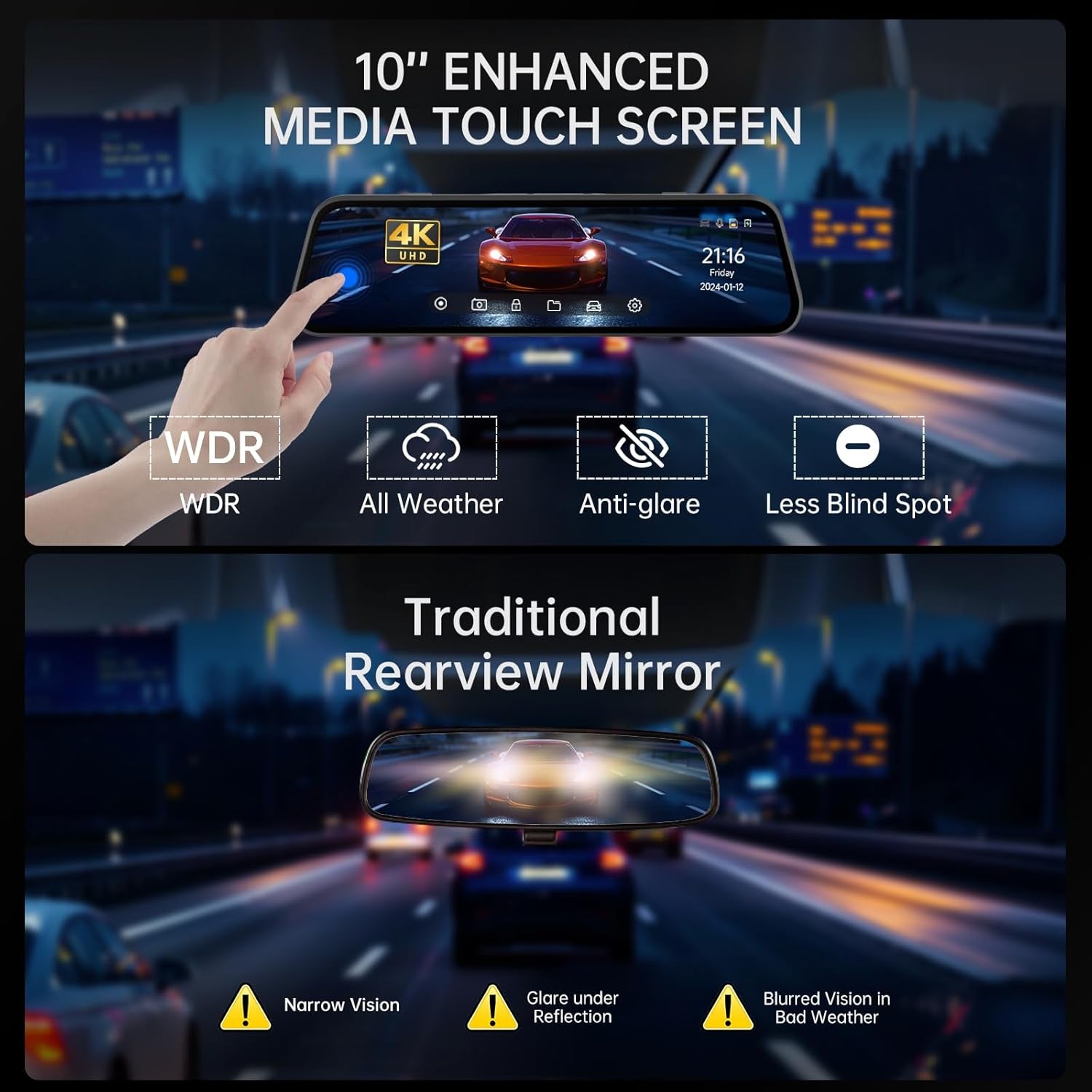 Veement 4K Rear View Mirror Camera, 10'' 4K Mirror Dash Cam with 1080P Backup Camera, Dash Cam Front and Rear for Car with Voice Control, 24H Parking Mode, Night Vision, 32GB SD Card Included