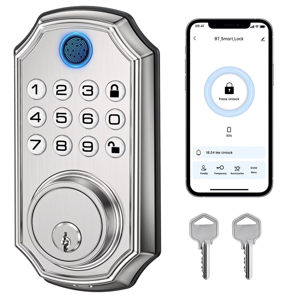 Fingerprint Door Lock, Keyless Entry Door Lock with APP Control, Smart Locks for Front Door, Deadbolt Lock with 50 User, Auto Lock, IP 66 Waterproof, Easy Installation, Silver