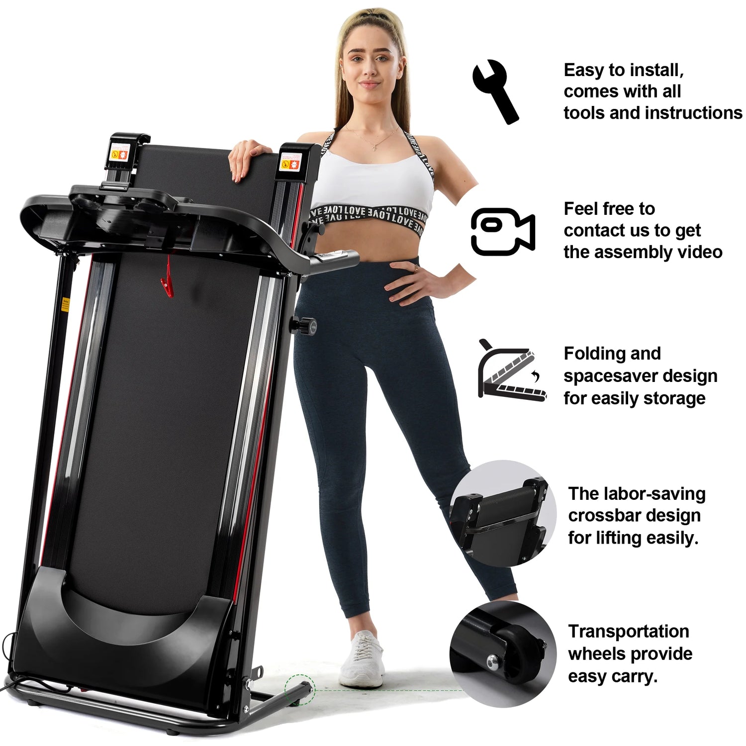 Incline Treadmill 2.5HP Electric Treadmill for Home Foldable, Bluetooth Music Cup Holder Heart Rate Sensor Walking Running Machine for Indoor Home Gym Exercise Fitness