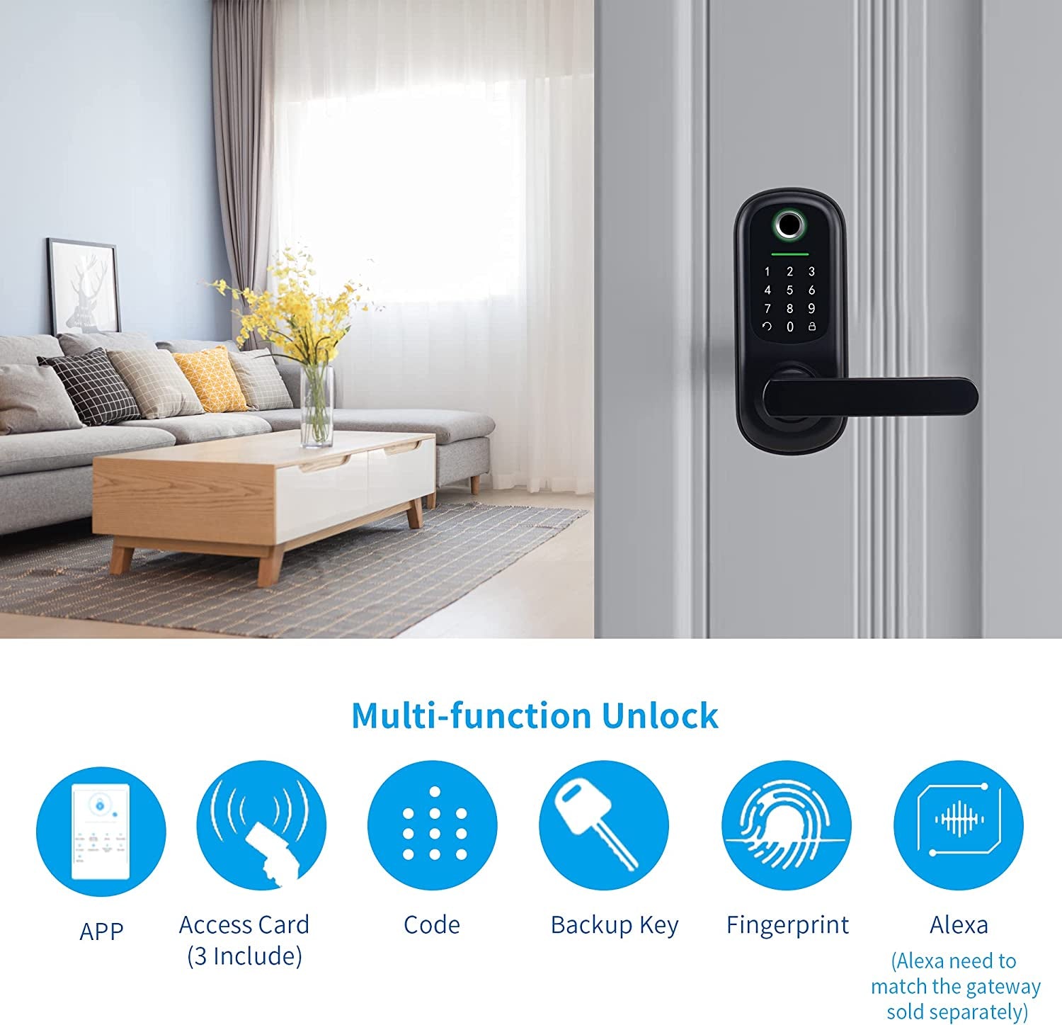 Keyless Entry Door Lock, Bebasia Door Lock with Keypad, Smart Door Lock, Fingerprint Door Lock, Digital Kepad Door Lock, Smart Door Level Lock with Reversible Handle (Black)