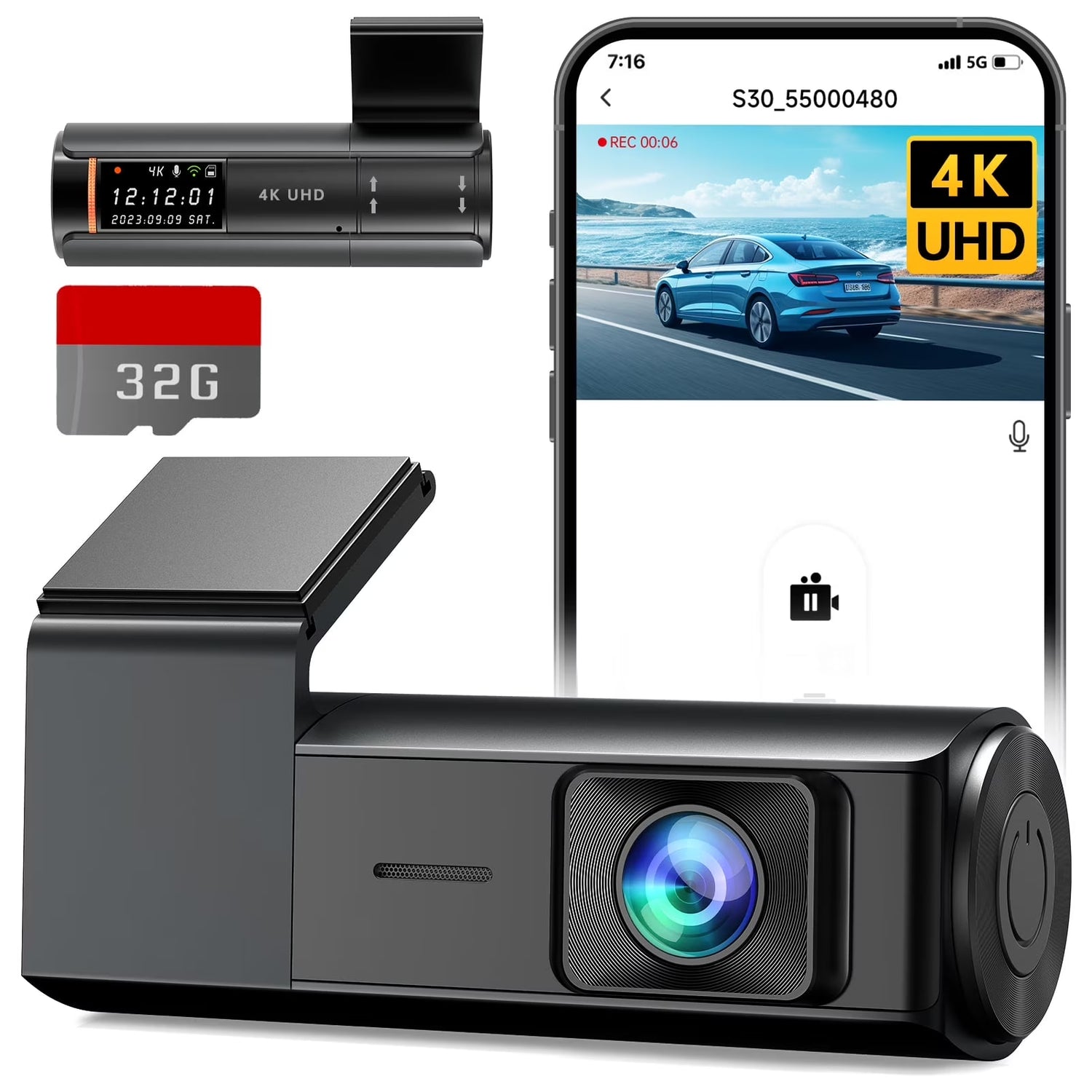 UDH Dash Cam, 4K Dashcam with Voice Control, APP Control, Dash Camera for Cars with Wi-Fi, Night Vision, G-Sensor, Loop Recording, Parking Mode, Includes 32GB SD Card - Black