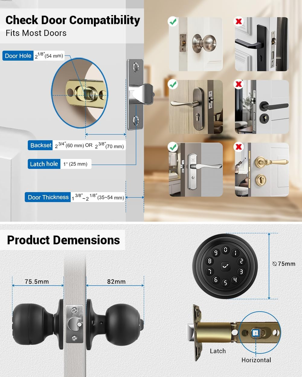 Keypad Smart Door Knob Lock, Keyless Entry Door Lock with Handle - Auto Lock For