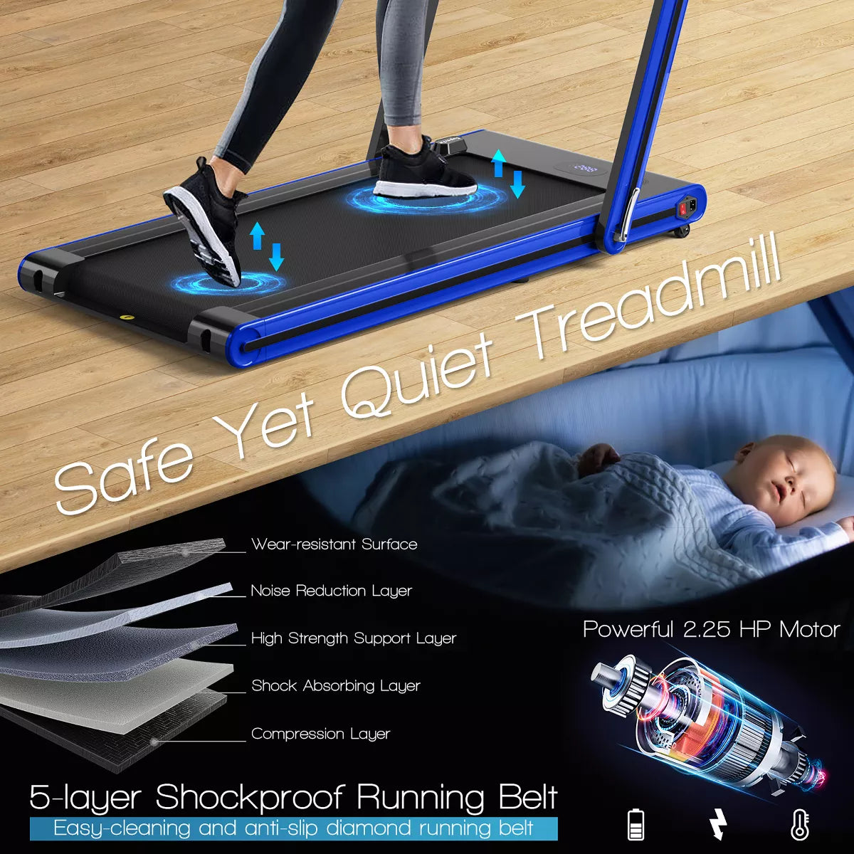 Costway 2-In-1 Folding Treadmill 2.25HP Jogging Machine W/ Dual LED Display Silver\Black\Blue
