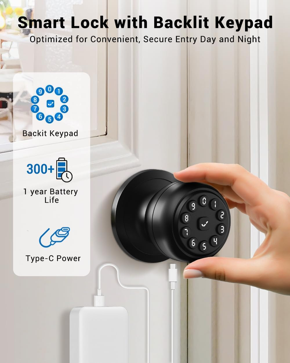 Keypad Smart Door Knob Lock, Keyless Entry Door Lock with Handle - Auto Lock For