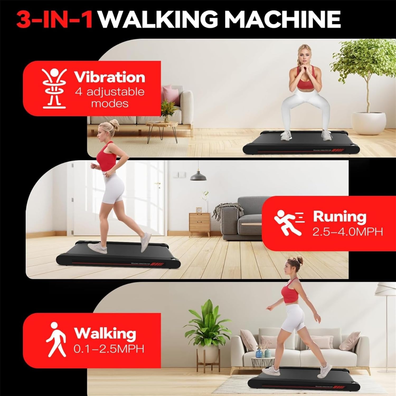 Walking Vibration Pad with APP, 3 in 1 under Desk Treadmill, 2.5HP Low Noise Wal
