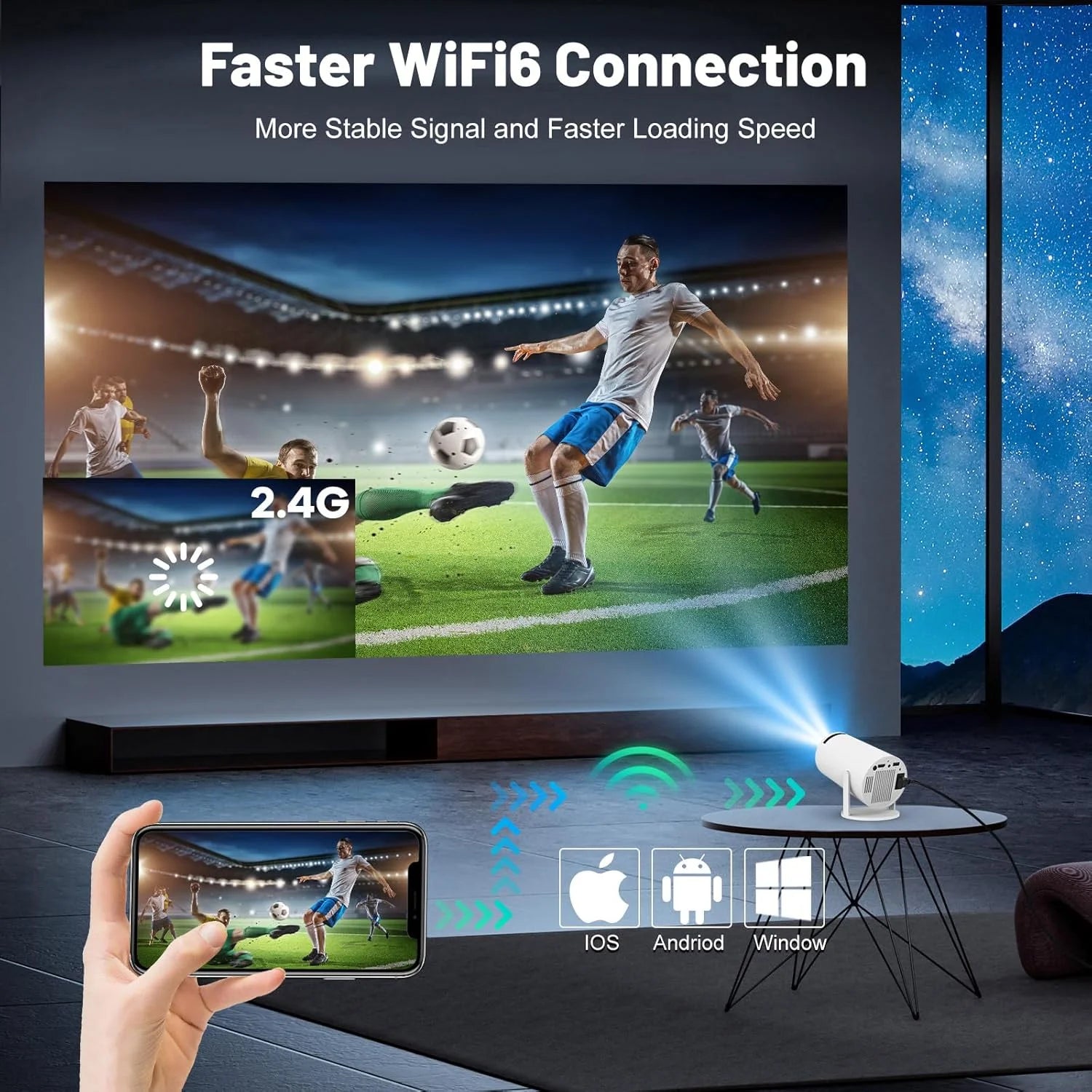 Mini Projector with WIFI 6 and Bluetooth, 4K 1080P Support,Portable 180° Rotatable 130'' Screen Movie Projector Auto Keystone Compatible for Laptop, PC, Smartphone