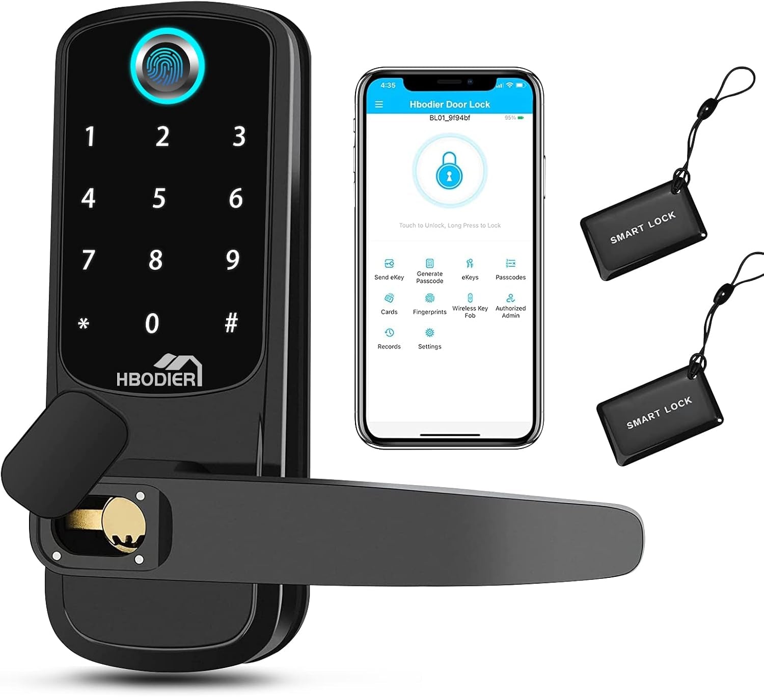 Hbodier 5-In-1 Smart Door Lock - Keyless Entry with Fingerprint, App, IC Cards, Passcode, and Keys - Black