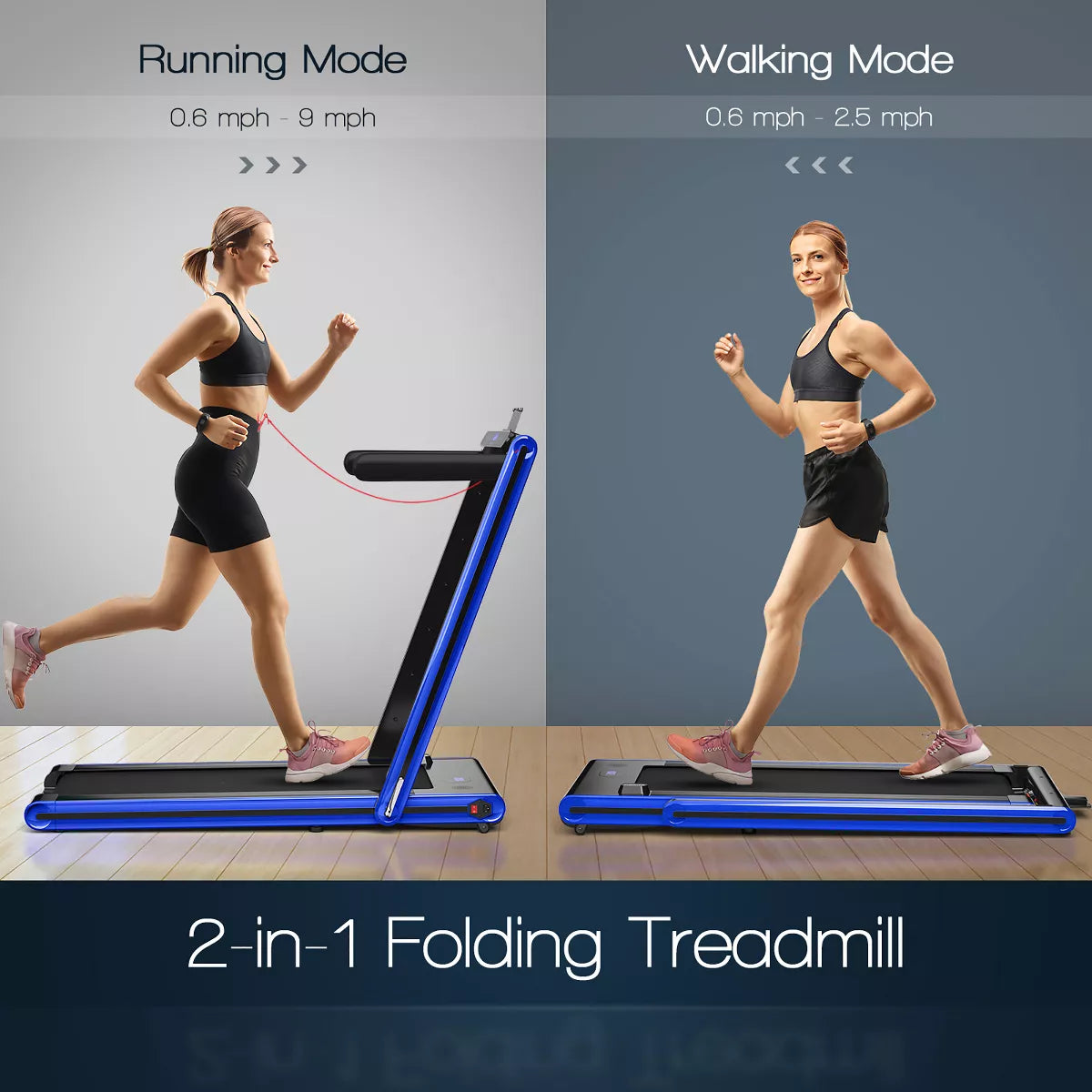 Costway 2-In-1 Folding Treadmill 2.25HP Jogging Machine W/ Dual LED Display Silver\Black\Blue